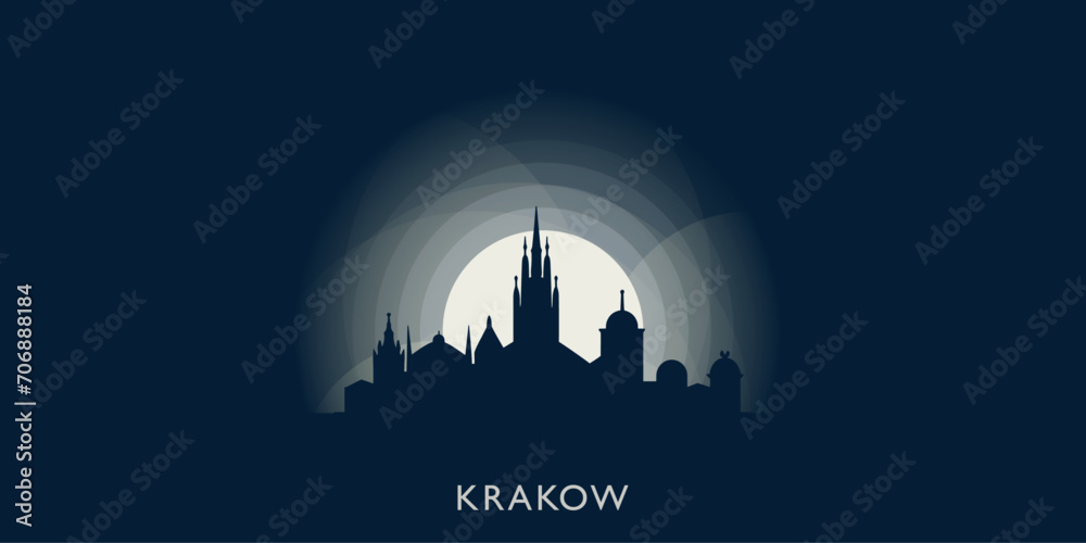 Krakow cityscape skyline city panorama vector flat modern banner illustration. Poland megapolis emblem idea with landmarks and building silhouettes at sunrise sunset night