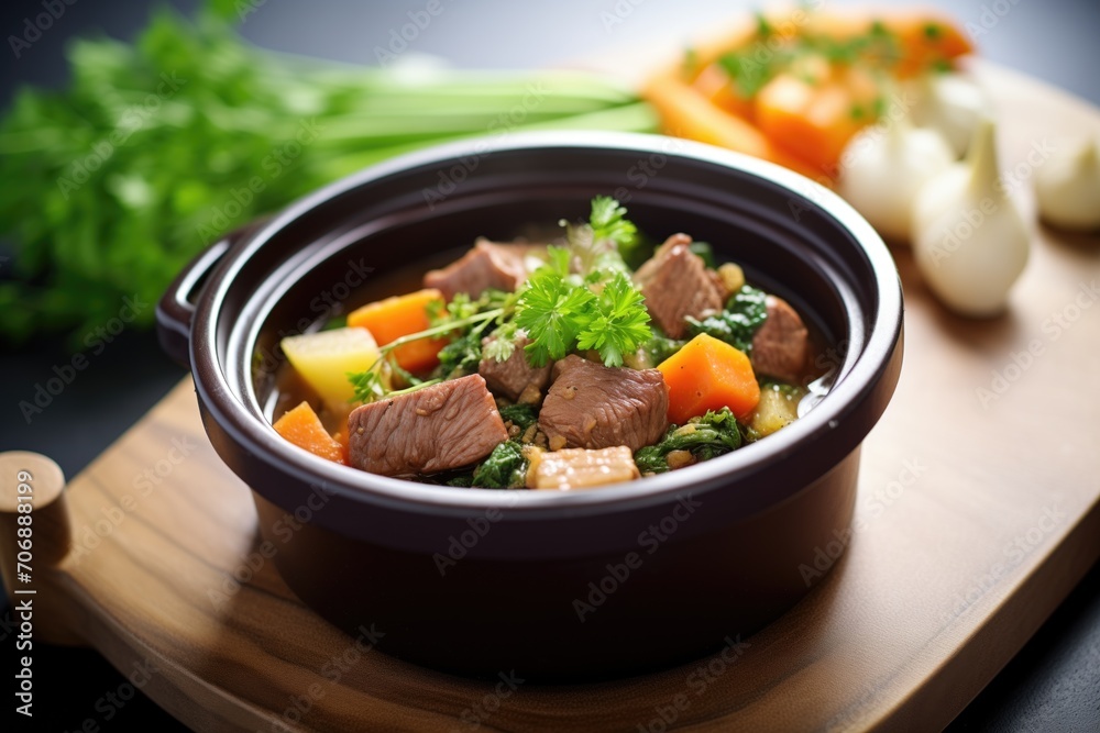 beef stew with a garnish of parsley in a ceramic dish beef stew with a garnish of parsley in a ceramic dish