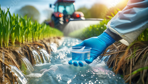 Collecting a water sample from a stream of water to measure any contaminants that may have run off from the agriculture crop farming in the form of pesticides or fertilizers.  photo