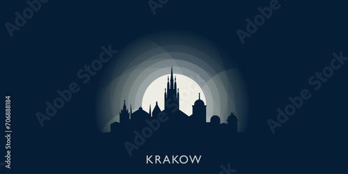 Krakow cityscape skyline city panorama vector flat modern banner illustration. Poland megapolis emblem idea with landmarks and building silhouettes at sunrise sunset night