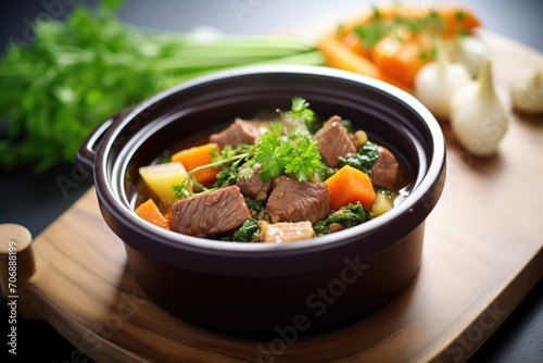 beef stew with a garnish of parsley in a ceramic dish