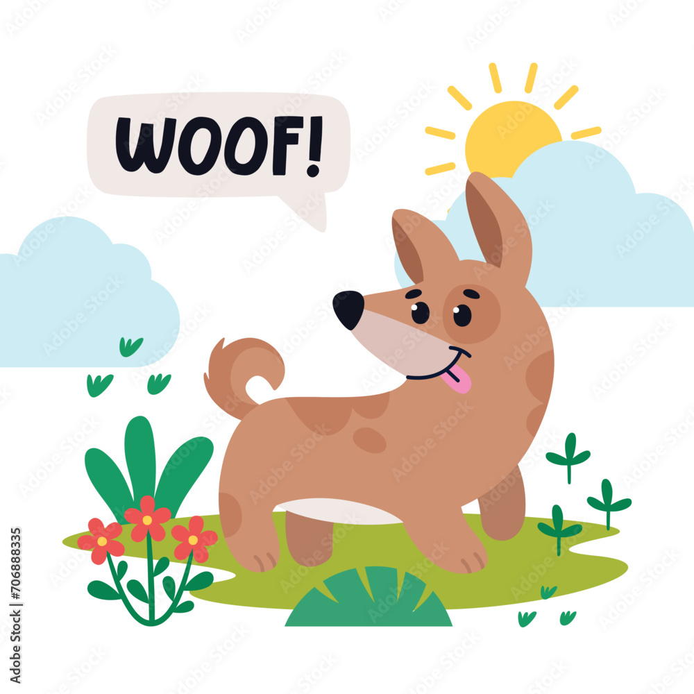 Happy pet dog is walking in park. Greeting card with funny dog, puppy, lettering, flower, plants, leaves, toy. Flat vector illustration Happy pet dog is walking in park. Greeting card with funny dog, puppy, lettering, flower, plants, leaves, toy. Flat vector illustration