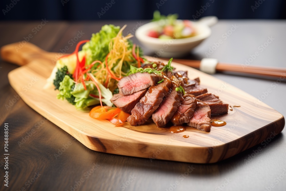 beef teriyaki with mixed salad on a wooden platter beef teriyaki with mixed salad on a wooden platter