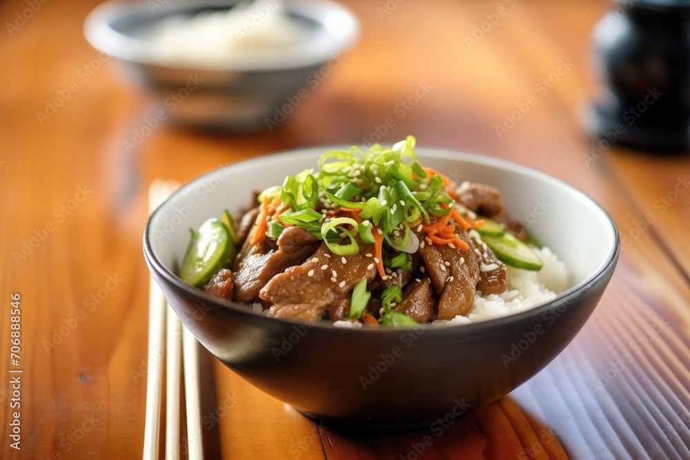 beef teriyaki bowl with steamed rice and green onions beef teriyaki bowl with steamed rice and green onions