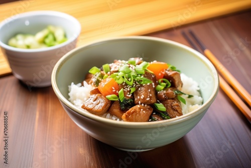 beef teriyaki bowl with steamed rice and green onions