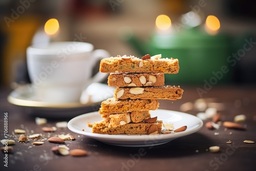 almond biscotti stack with coffee cup photo