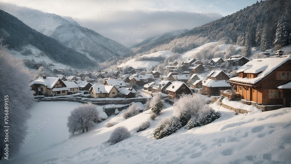 A cozy snowy mountain village, with quaint wooden houses and twinkling lights, nestled in a valley surrounded by snow-capped peaks.
