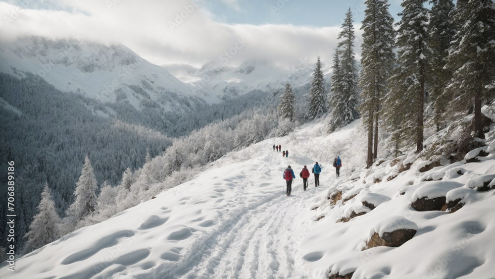 A peaceful snowy mountain scene, with a group of hikers making their way up a winding trail, surrounded by towering trees and snow-covered rocks.