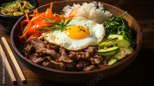 Bibimbap meal with gable beef and fried egg