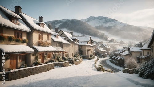 A cozy snowy mountain village, with quaint wooden houses and twinkling lights, nestled in a valley surrounded by snow-capped peaks.