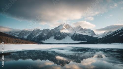 A dramatic snowy mountain range  with jagged peaks and deep valleys  shrouded in mist and mystery.