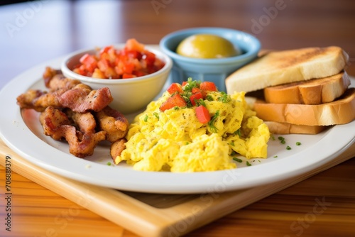 platter with sausages, scrambled eggs, and toast