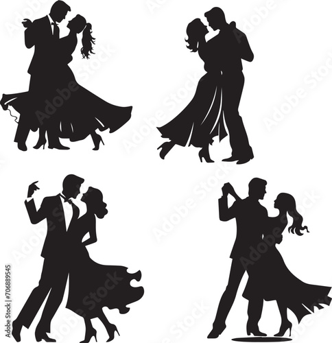 Young couples silhouette dancing on white background 