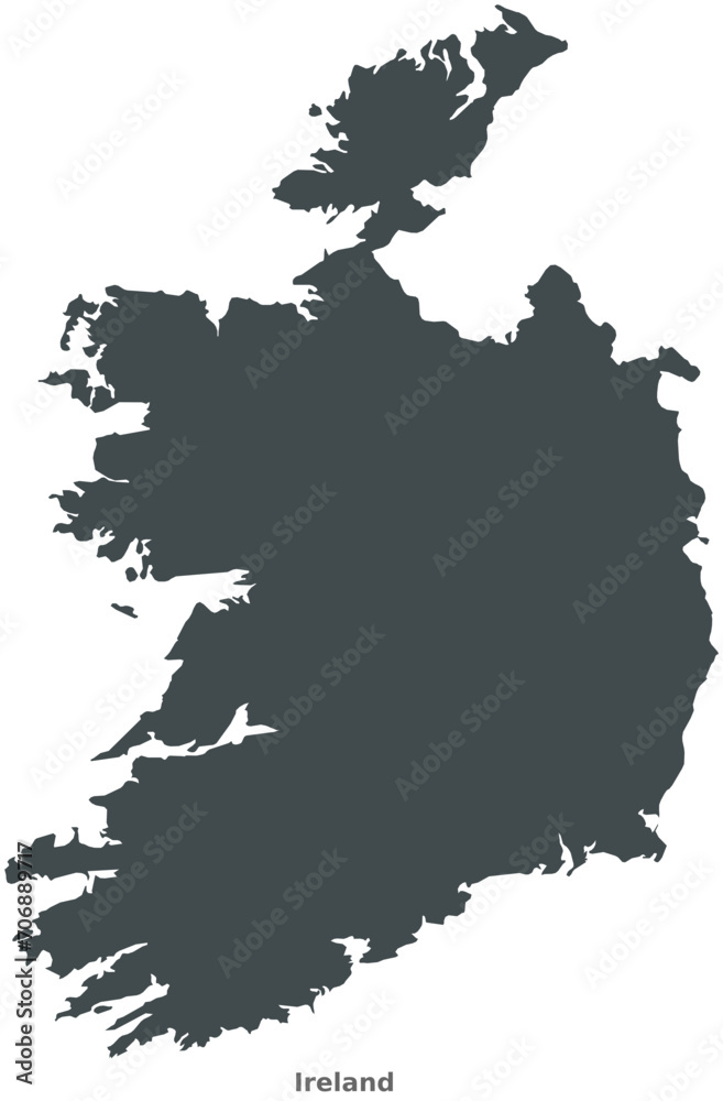 Map of Ireland, Northwestern Europe. This elegant black vector map is perfect for diverse uses in design, education, and media, offering adaptability to any setting or resolution.