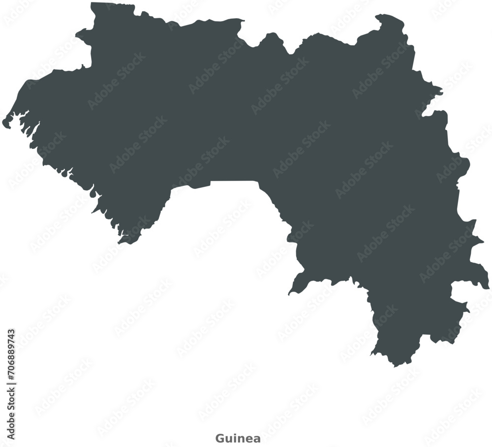 Map of Guinea, West Africa. This elegant black vector map is ideal for graphic design, artistic projects, educational purposes, and versatile media use, adaptable to various settings and resolutions.