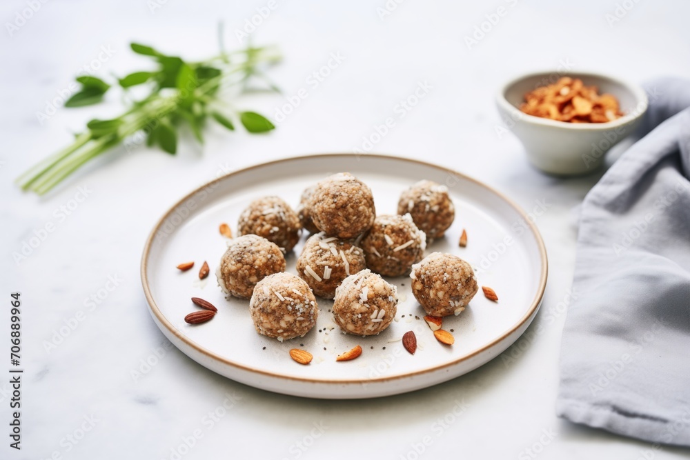 plate of date energy balls with raw cacao nibs plate of date energy balls with raw cacao nibs
