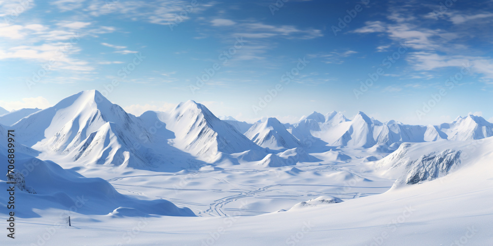 vast desolated snow land, Snow covered mountains .