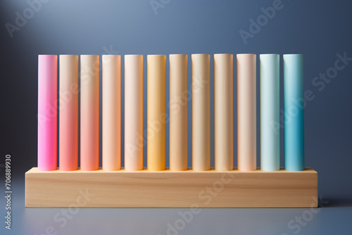 Business  science  finance  marketing  graphic resources concept. Wooden pastel colored cylinder blocks shape bar charts illustration. Minimalist background with copy space