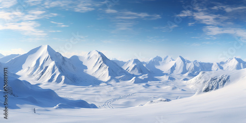 vast desolated snow land  Snow covered mountains .