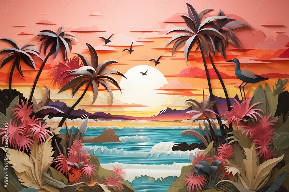 Artwork of luxurious oceanfront escape with palm trees, golden sun, and a tropical environment