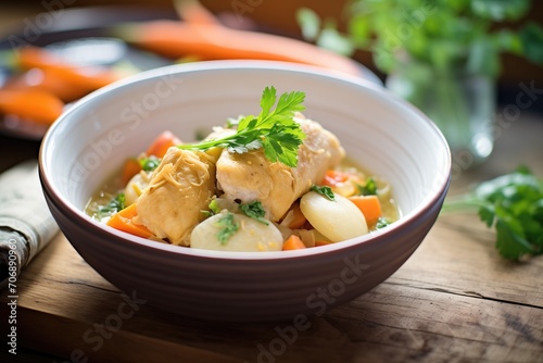 rustic serving of chicken and dumplings with carrots visible