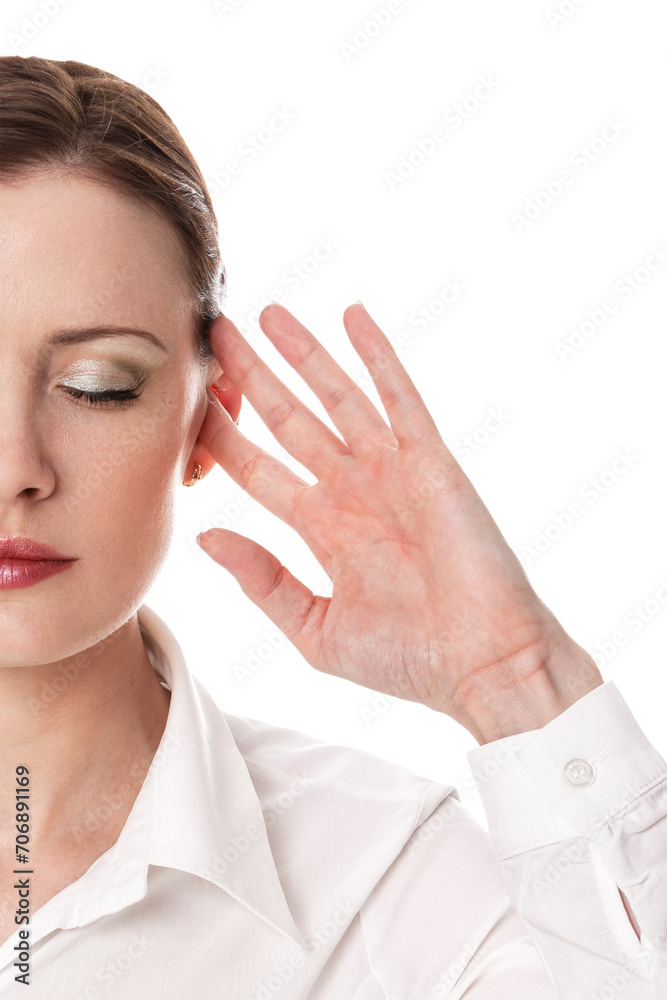 Portrait of a young business woman covering her ears, isolated Portrait of a young business woman covering her ears, isolated