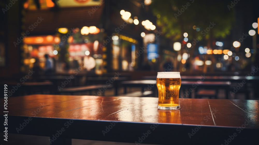 A single pint of frothy beer sits on a wooden table in a cozy pub setting, with warm, blurred lights in the background.