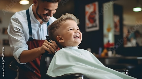 A little boy gets a haircut from a barber in the salon photo