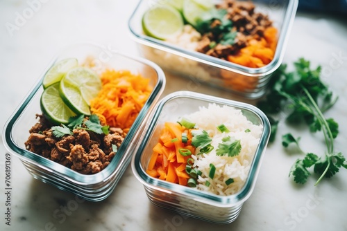 chili meal prep in glass containers with rice compartments