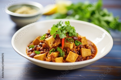 vegan chili with beans and tofu, garnished with cilantro