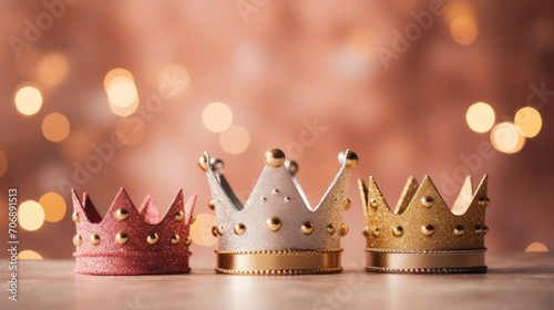 A set of three sparkling crowns on a shimmering bokeh light background, conveying a sense of celebration or royal theme.