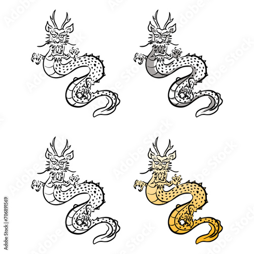 龍の和風ベクターイラストセット（線画、影付き、白黒、グラデーション）。