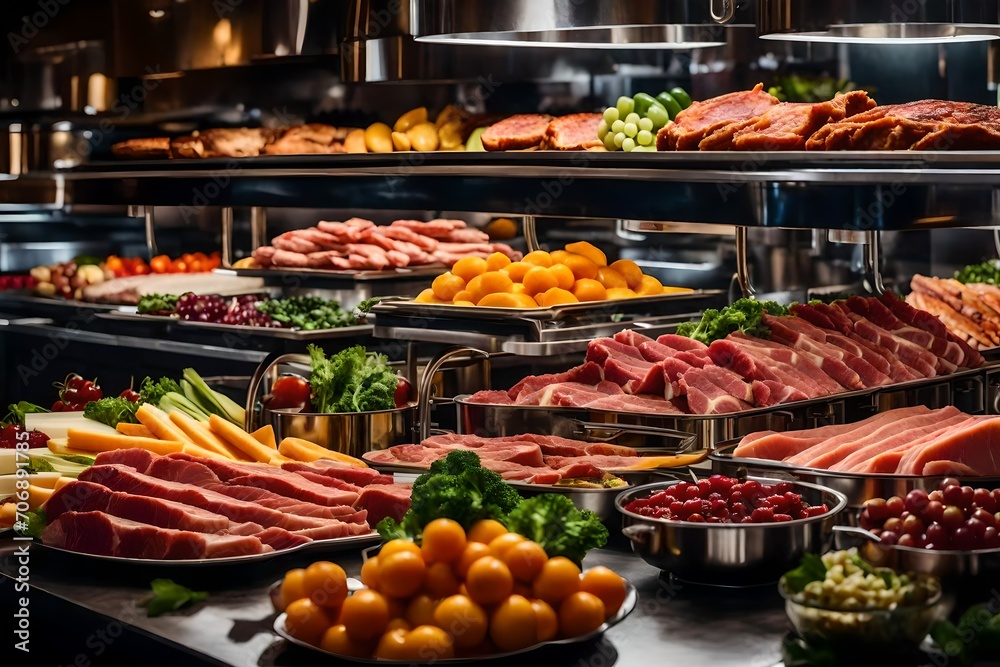 a buffet with a variety of food indoors at a restaurant, including meats, colorful fruits, and vegetables.
