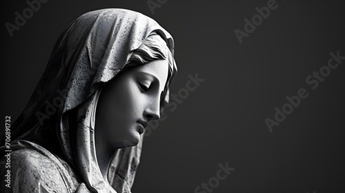 Christian Easter. Black and white image of a statue of the Virgin Mary. Space for text. photo