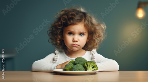 A curly-haired child looks pensively at a plate of broccoli, a moment reflecting the universal struggle of parents with picky eaters. photo