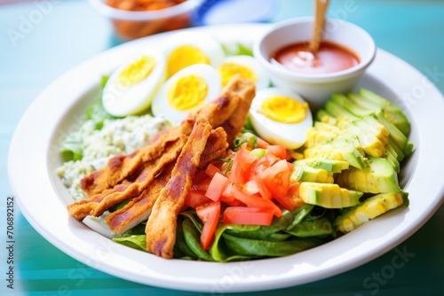 cobb salad with grilled chicken strips, close-up shot