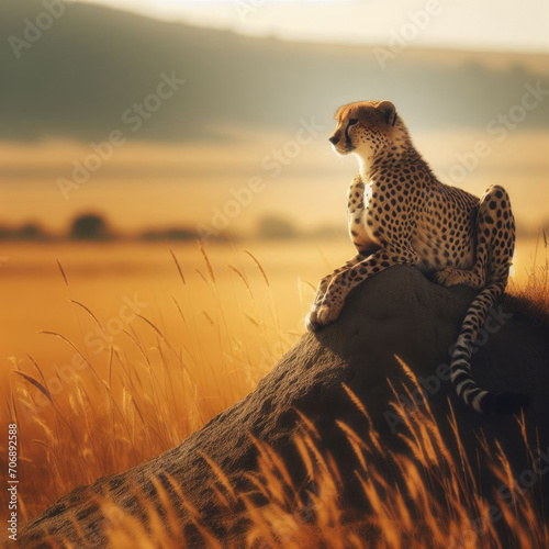 A solitary cheetah resting on a termite mound, the golden grasses of the savannah stretching out behind it
 photo