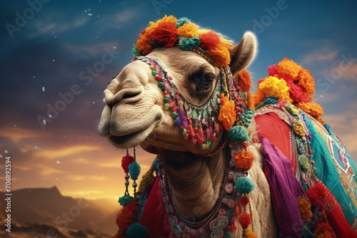Cute decorated camel in the desert