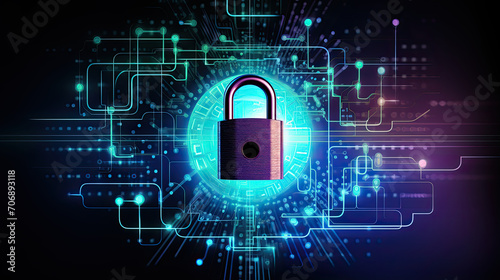 Cyberspace privacy and security concept, padlock icon on technology background.