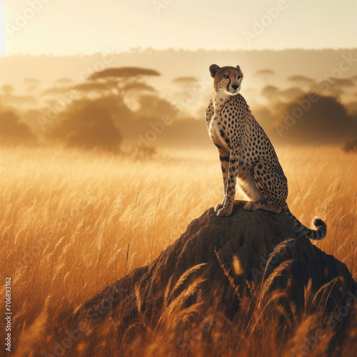 A solitary cheetah resting on a termite mound, the golden grasses of the savannah stretching out behind it
