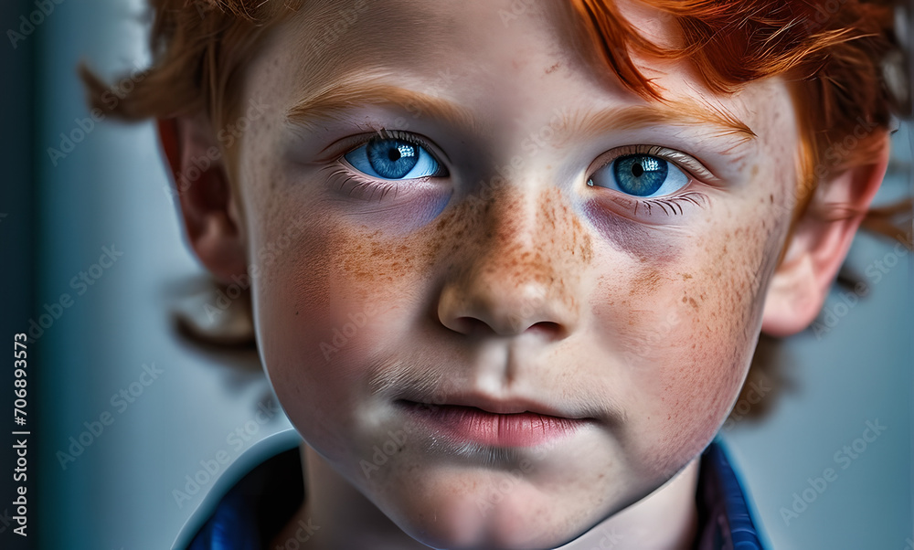 portrait red-haired boy, drips on his face, cute face of a blue-eyed child, little son boy with blue eyes, childhood dream red-haired freckled child, boy face, close-up child kid face, happy family,