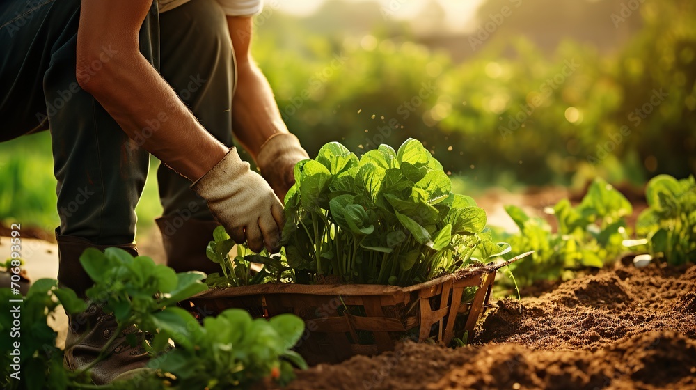 Fototapeta premium Farmer's hands planting vegetable seeds in vegetable garden. gardener's hands. Caring for Vegetables in the nursery garden. Close distance