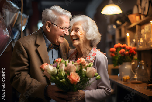 Elderly couple man and woman celebrating Valentine s Day  man giving woman a bouquet of flowers