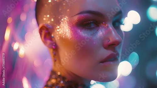 A portrait of a woman with a partially shaved head and a vibrant, holographic eyeshadow. Holographic sparks flicker from her metallic hair accessories, giving her a bold and rebellious appearance.