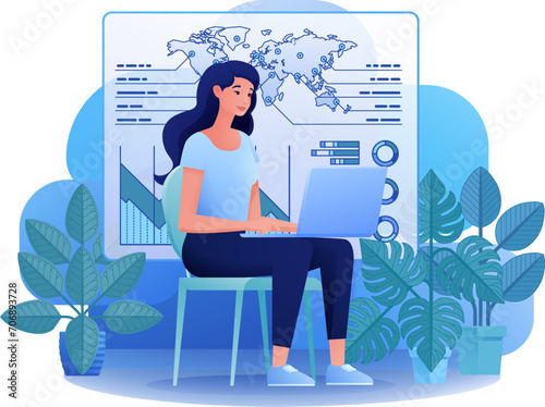 Woman business person student on laptop remote home working writing analysing website internet document infographic stats. Cartoon data analysis, financial stock market trading report finance concept.