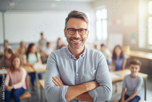 Portrait happy confident young man teacher of elementary school kids on background classroom with children, sunlight