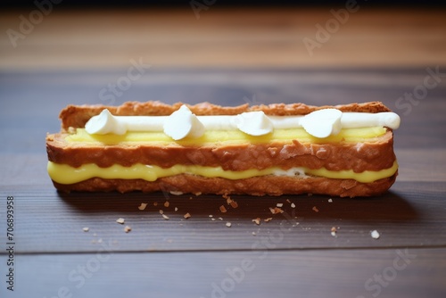 a close-up of an eclair cut in half, showing creamy interior