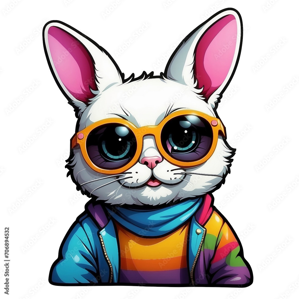 Colorful rabbit in pop art style stickers, white border, high quality, colorful, Detailed illustration of a cute cat wearing Solar Eclipse Glasses, awesome full color,