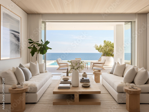 Modern and airy living room with a minimalist design and stunning beachfront views © Nissan