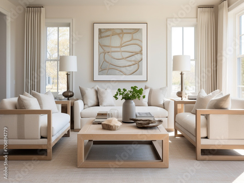 Contemporary coastal living room with clean lines  a neutral palette  and beach-inspired decor